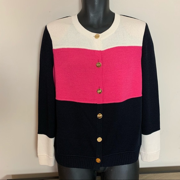 St. John Jackets & Blazers - ST JOHN SPORT Black Pink Ivory SANTANA KNIT Button Front SUIT Dress JACKET M